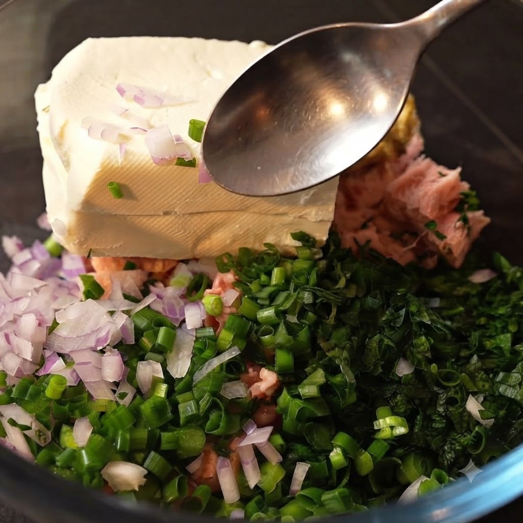 Une cuillère de moutarde de Dijon ajoutée dans un bol en verre rempli dherbes hachées, doignons, de thon et de fromage frais.