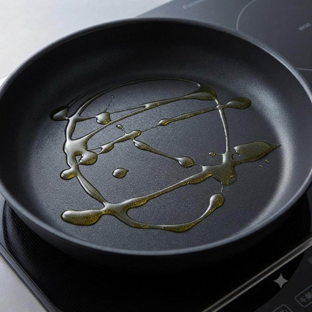 De lhuile dolive versée et étalée dans une poêle antiadhésive chaude prête à toaster le pain.