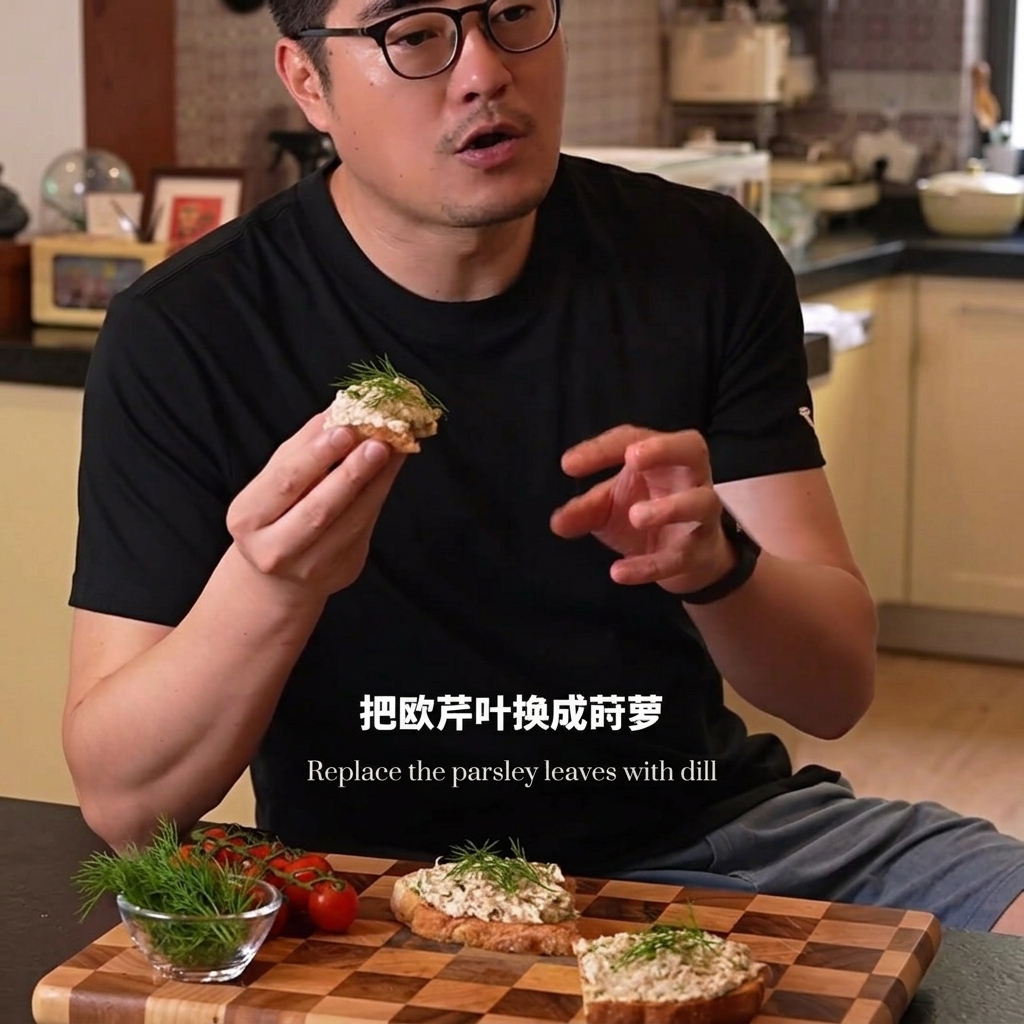 Une personne tenant une tartine de thon et fromage frais terminée, avec dautres tartines, un bol dherbes fraîches et des tomates cerises sur une planche en bois.