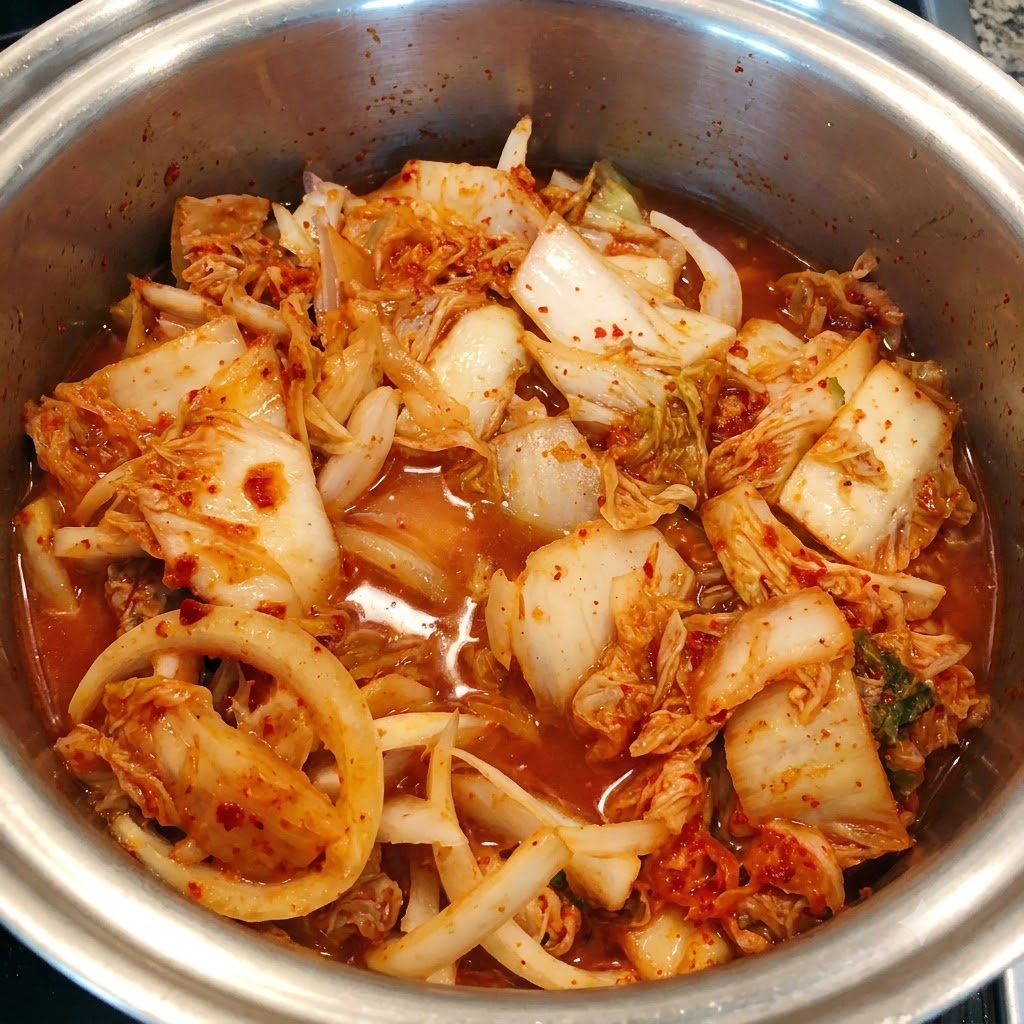 Eau claire versée sur le mélange de kimchi et de thon sauté dans la casserole.