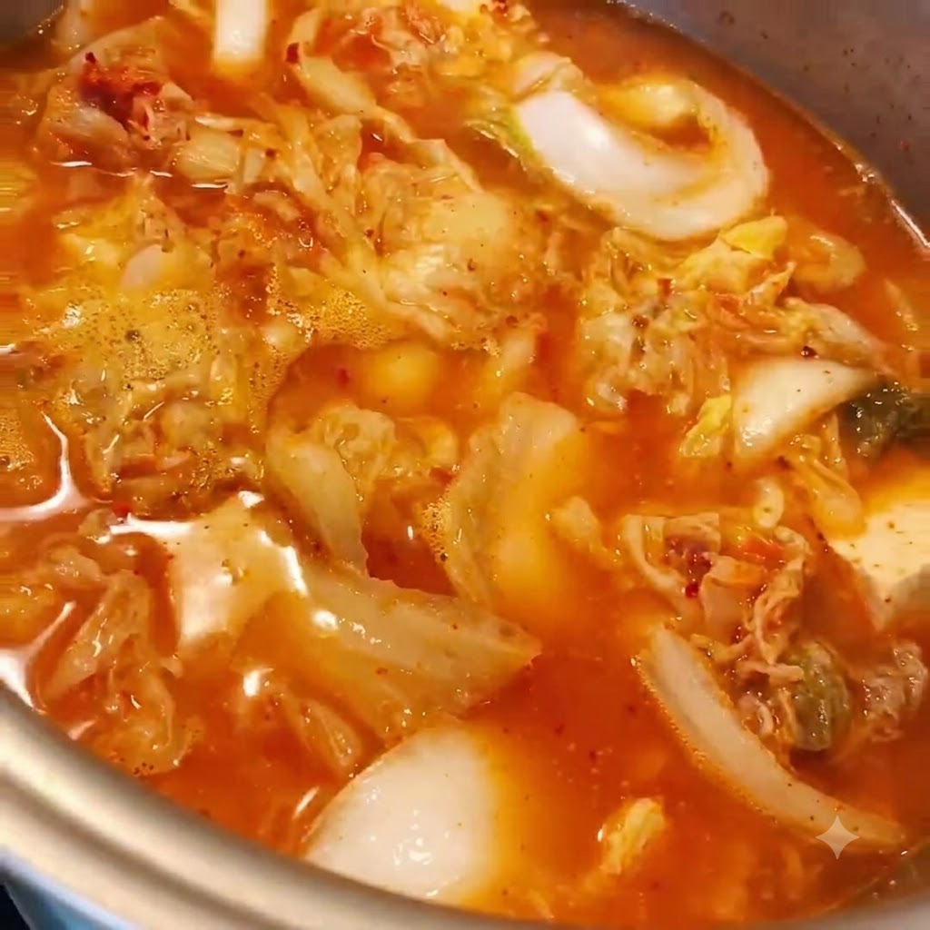 Casserole en métal remplie de ragoût de kimchi mijotant avec le couvercle posé sur le dessus.