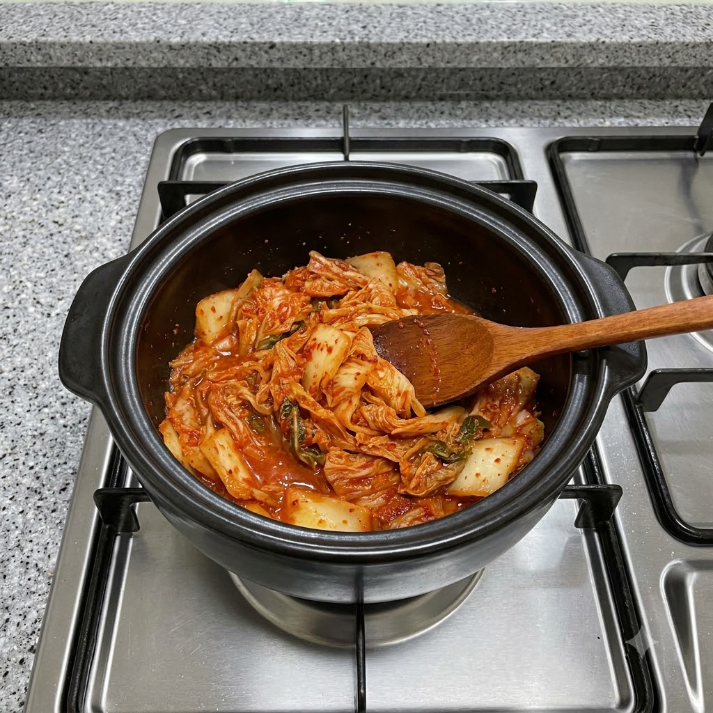 Du kimchi rouge mélangé à lintérieur dun caquelon en terre cuite noir à laide dune cuillère en bois sur une cuisinière.