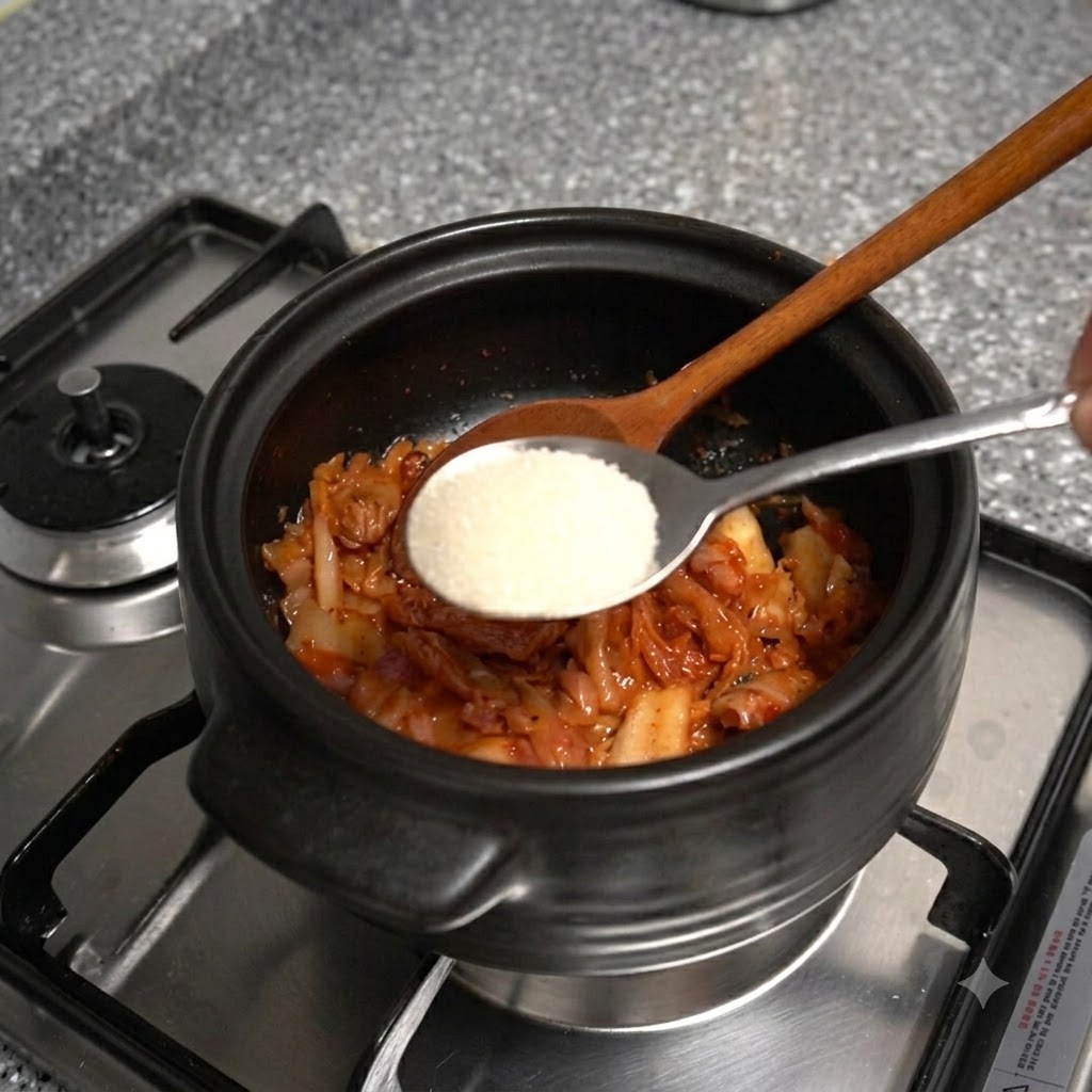Une cuillère en métal contenant du sucre blanc au-dessus du kimchi en train de sauter dans le caquelon.