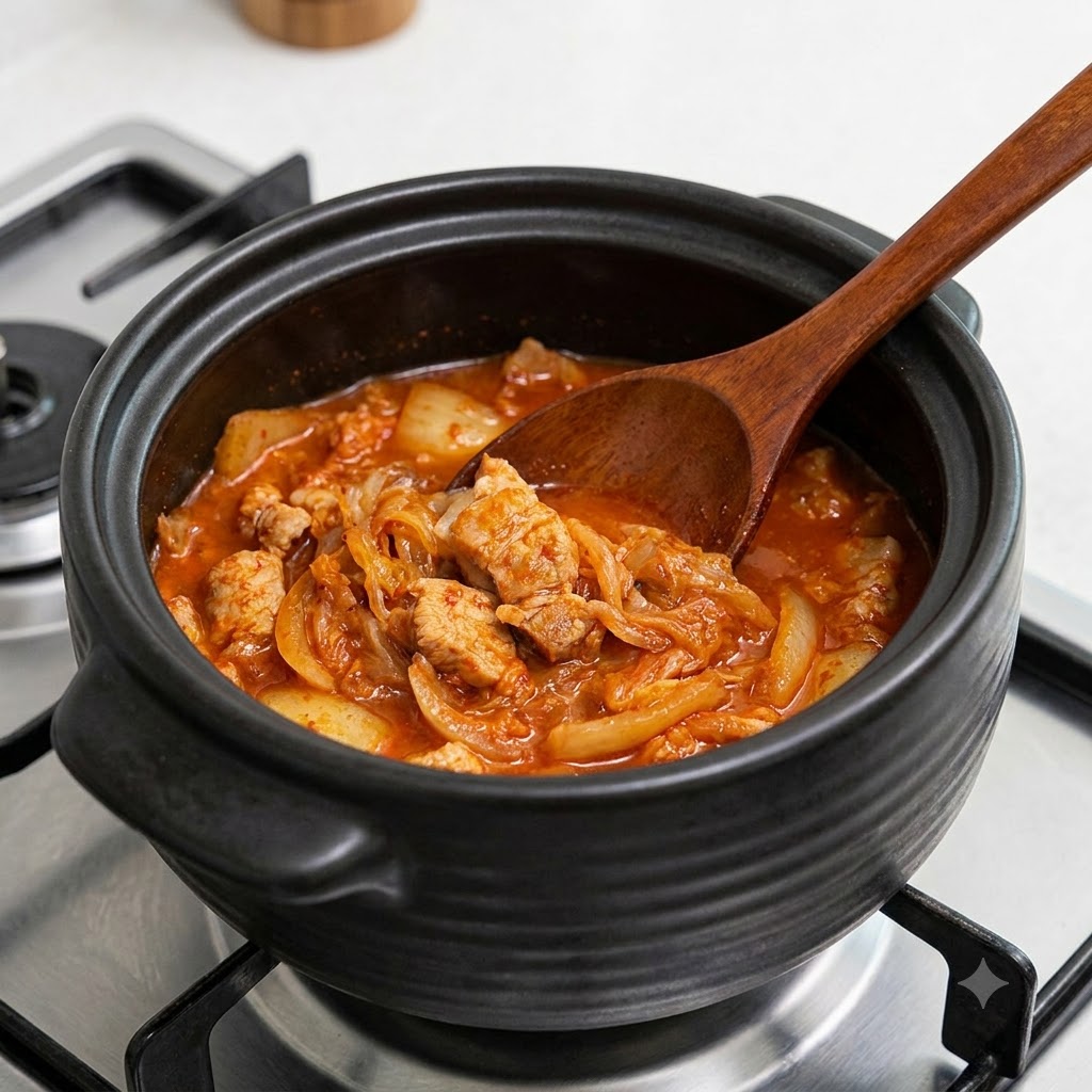 Des morceaux doignon haché mélangés au kimchi en cuisson à lintérieur du caquelon en terre cuite foncé.