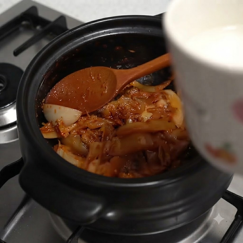Une tasse blanche versant de leau dans la casserole remplie de kimchi et doignons cuits.