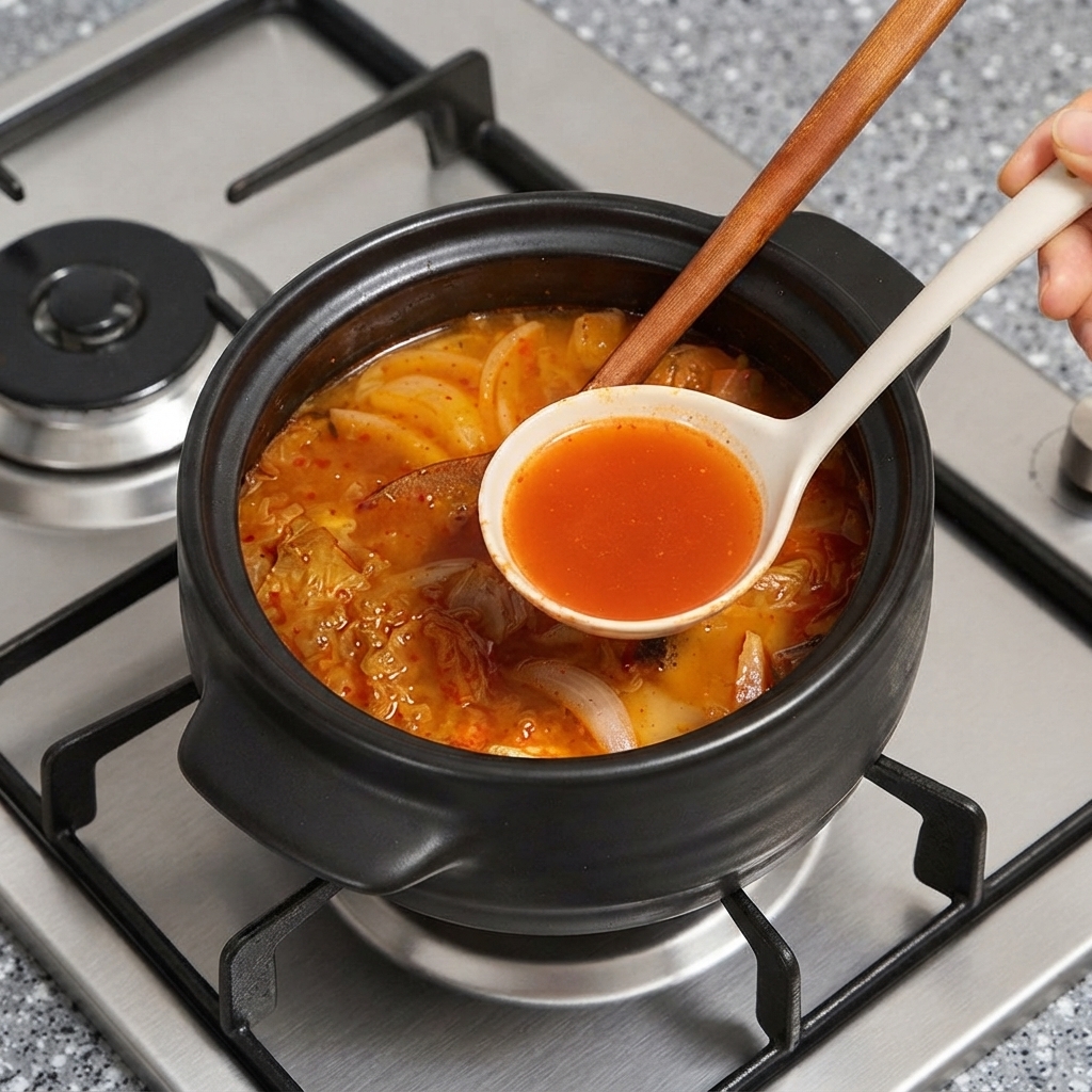 Une cuillère blanche ramassant du jus de soupe de kimchi rouge au-dessus de la casserole de cuisson foncée.