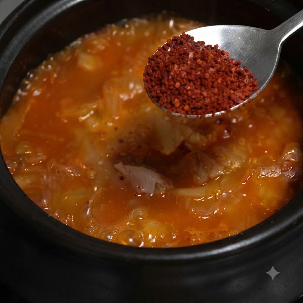 Une cuillère contenant de la poudre de chili rouge positionnée au-dessus de la soupe orange bouillante.