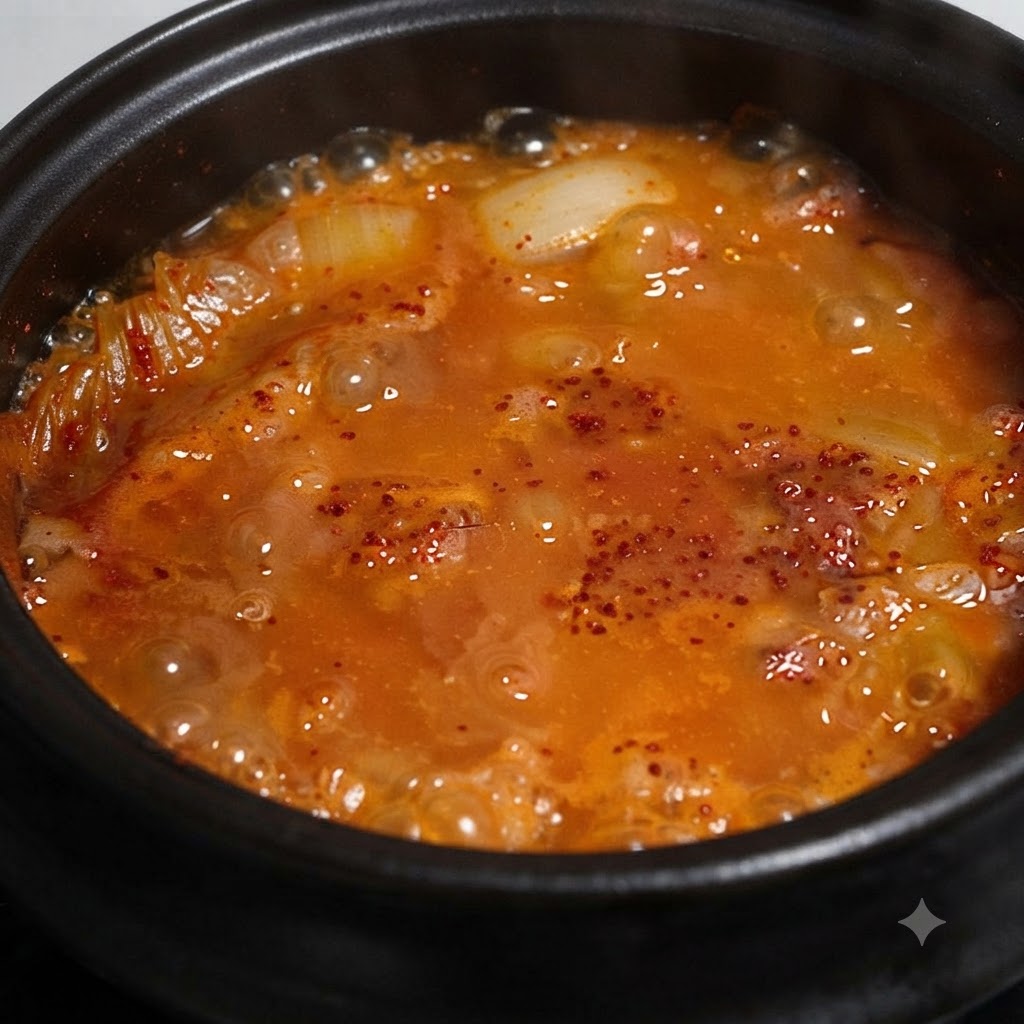 Des morceaux de thon en conserve reposant sur le dessus de la soupe de kimchi frémissante.