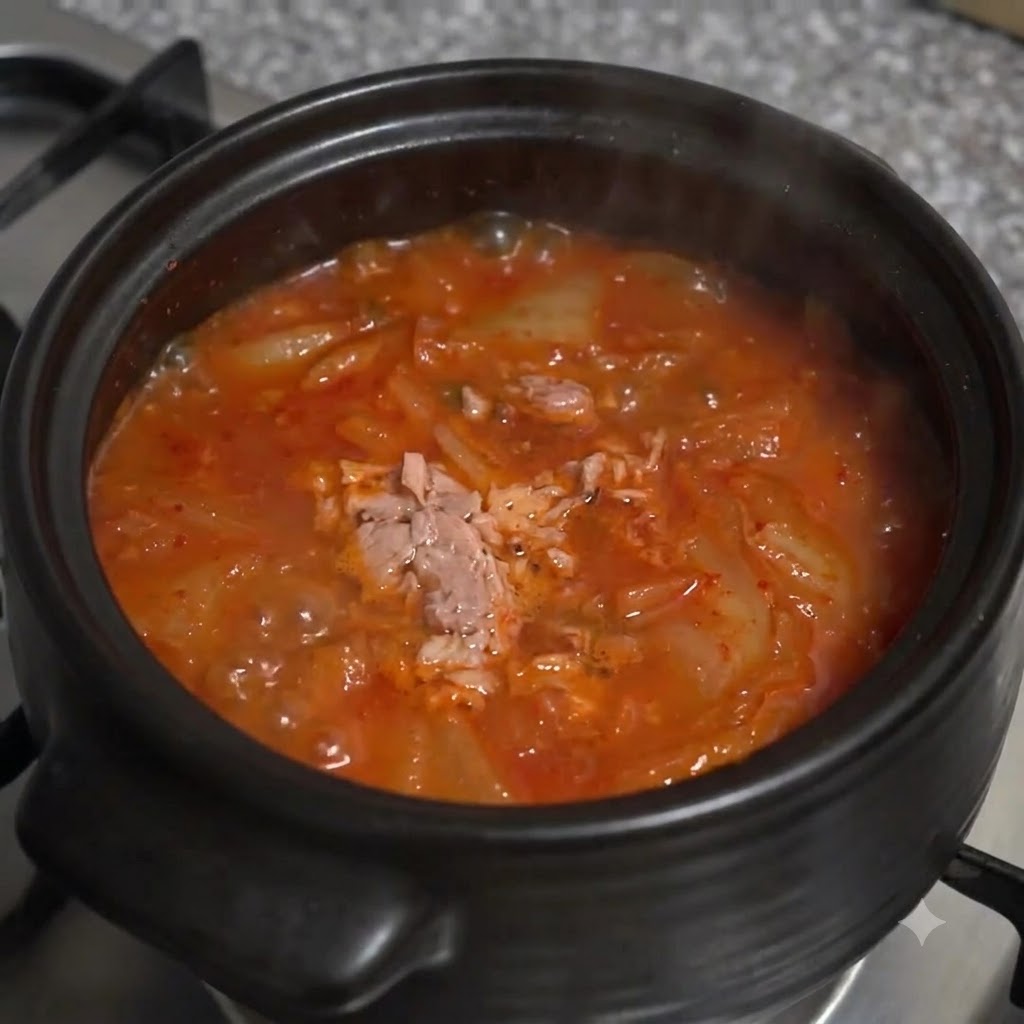 Des oignons verts émincés dispersés à la surface de la soupe chaude de kimchi et de thon dans un caquelon en terre cuite.