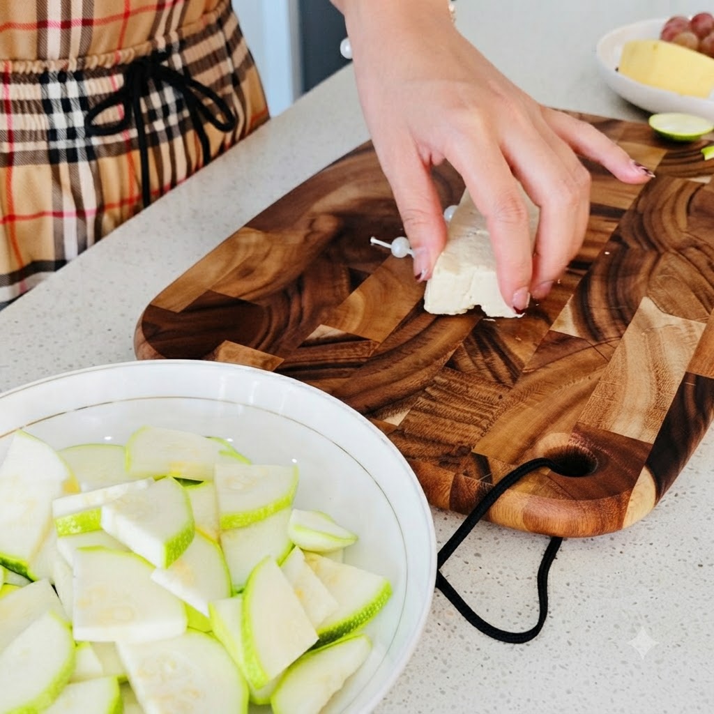 Un bloc de tofu blanc coupé en petits cubes réguliers sur une planche à découper en bois à côté dun bol de courgettes tranchées.