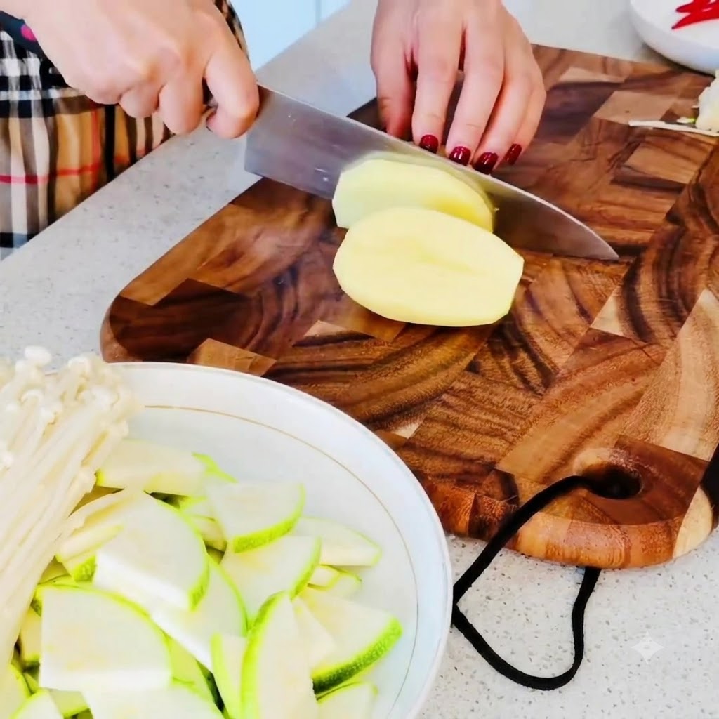 Des pommes de terre fraîches épluchées et coupées en petits morceaux sur une planche à découper en bois.