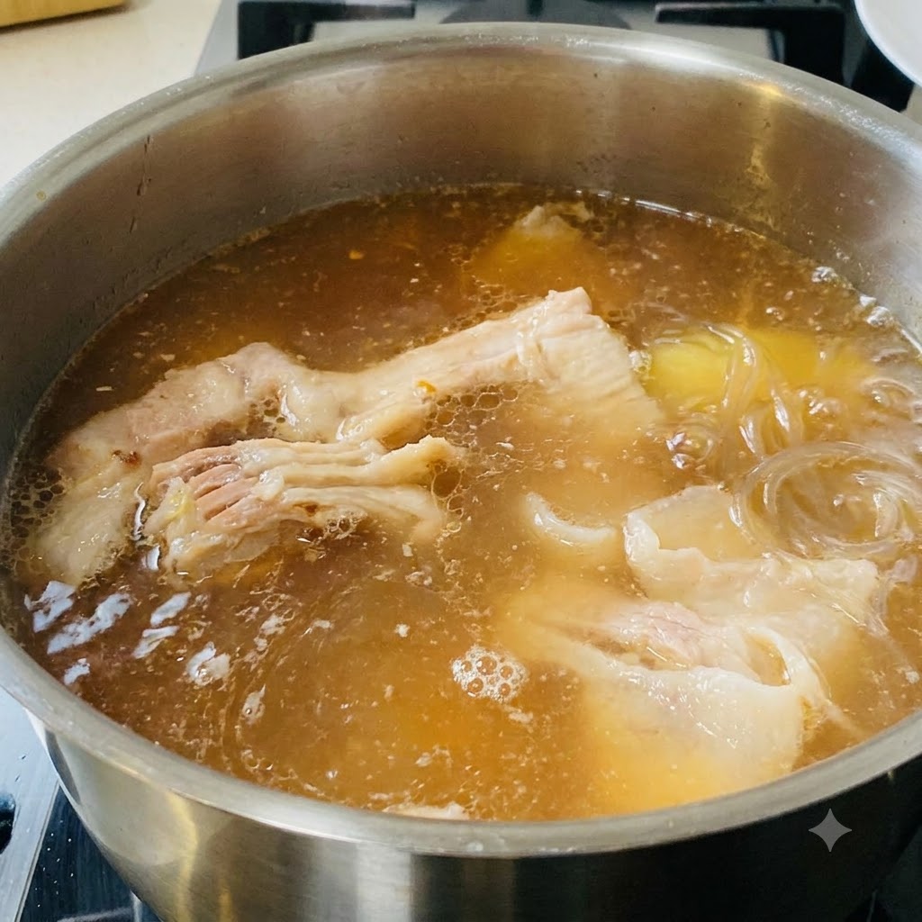 Le mélange de pâte de soja versé dans une casserole de bouillon bouillant contenant des morceaux de poitrine de porc et de pommes de terre.