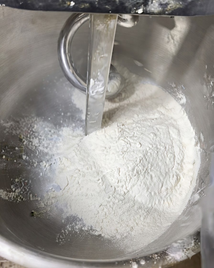 Ingrédients secs et liquides combinés dans le bol dun batteur sur socle.