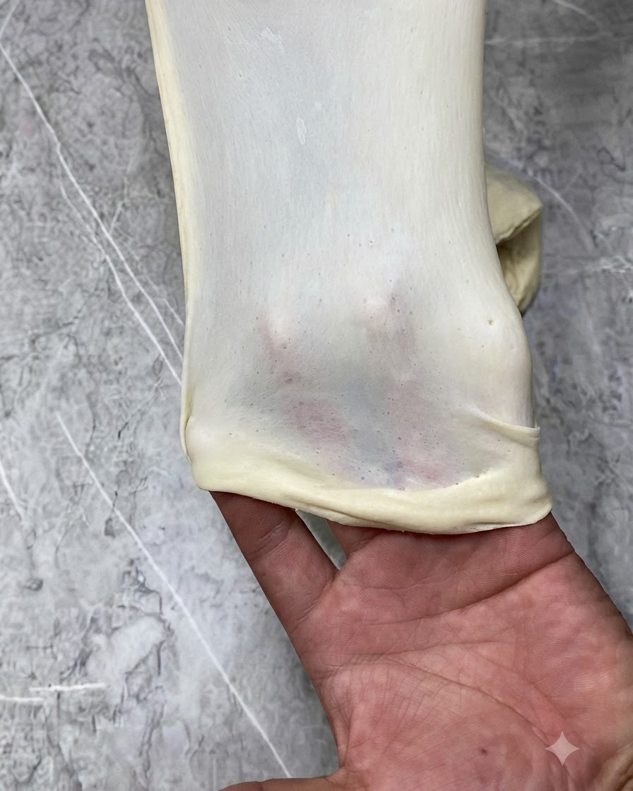 Pâte étirée pour montrer le stade de la membrane de fenêtre fine ou de gant.