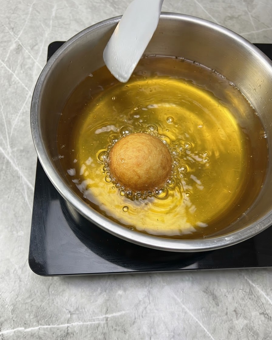 Une seule boule de pâte en train de frire dans de lhuile dorée chaude et bouillante à lintérieur dune casserole en acier inoxydable.