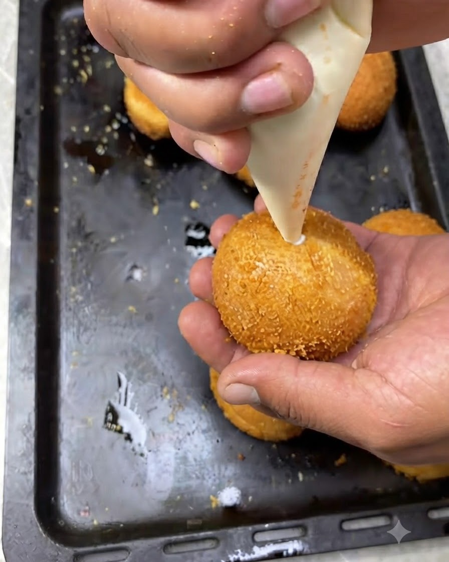 Une poche à douille injectant une garniture crémeuse blanche dans le trou central dun burger frit doré tenu à la main.