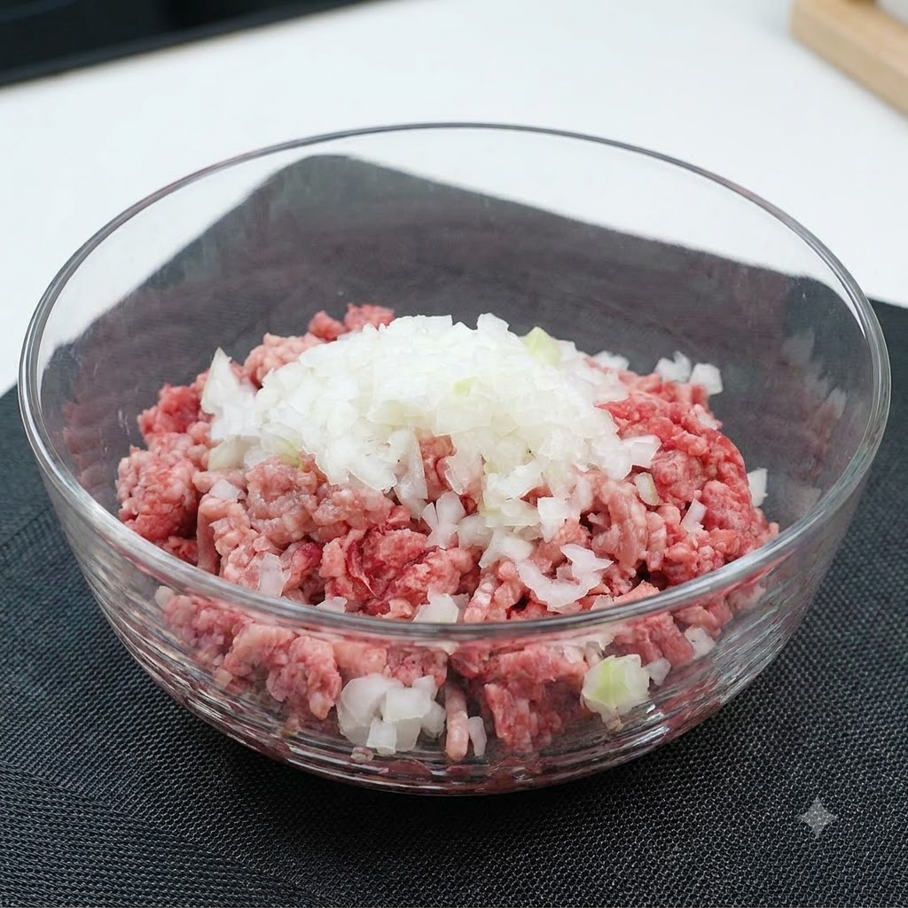 De lail en poudre, du sel, du poivre et de la sauce Worcestershire foncée posés sur le mélange cru de viande hachée et doignon dans un bol en verre.