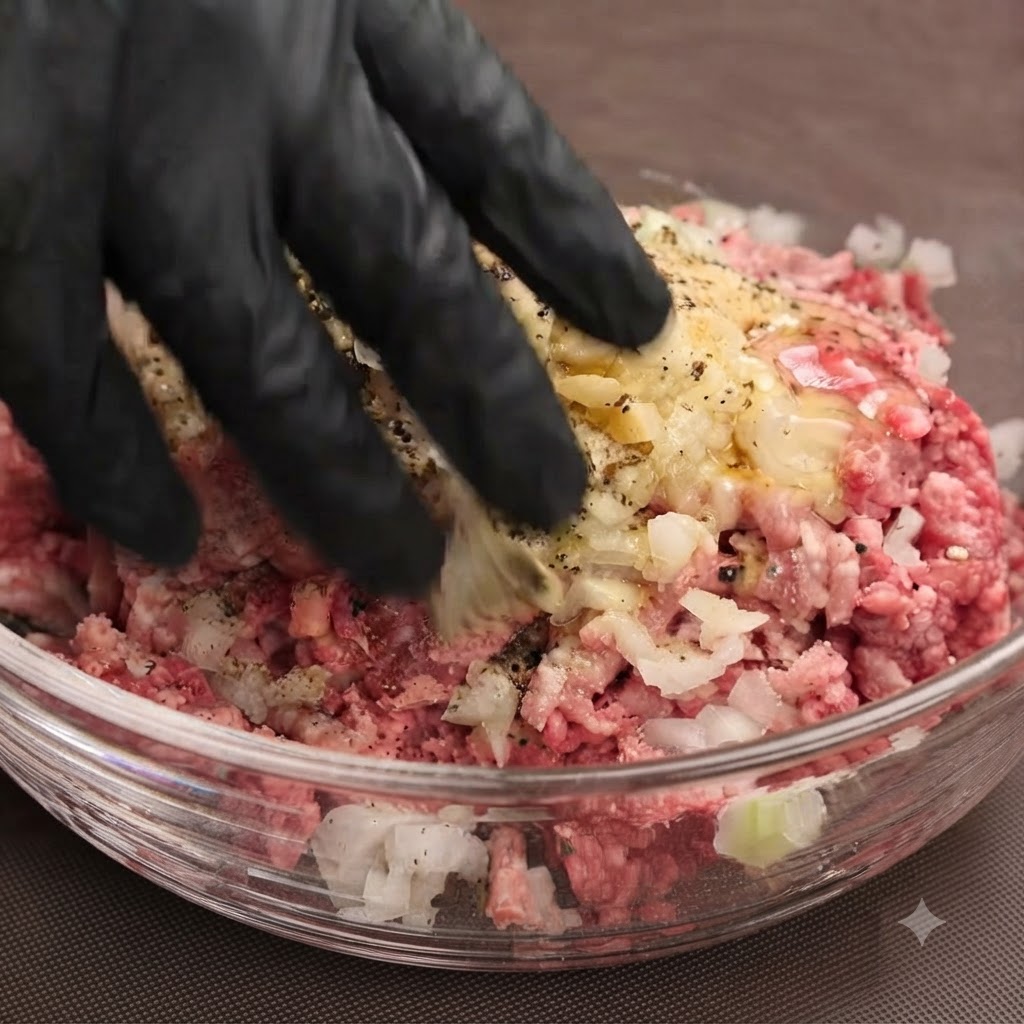 Une main portant un gant noir pétrissant et mélangeant le bœuf haché cru, le porc et les assaisonnements à lintérieur dun bol en verre.
