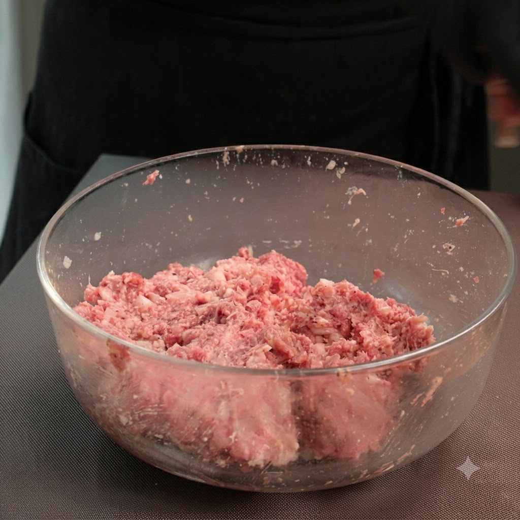 Une portion de préparation de viande hachée mesurée sur une balance et roulée en boule.