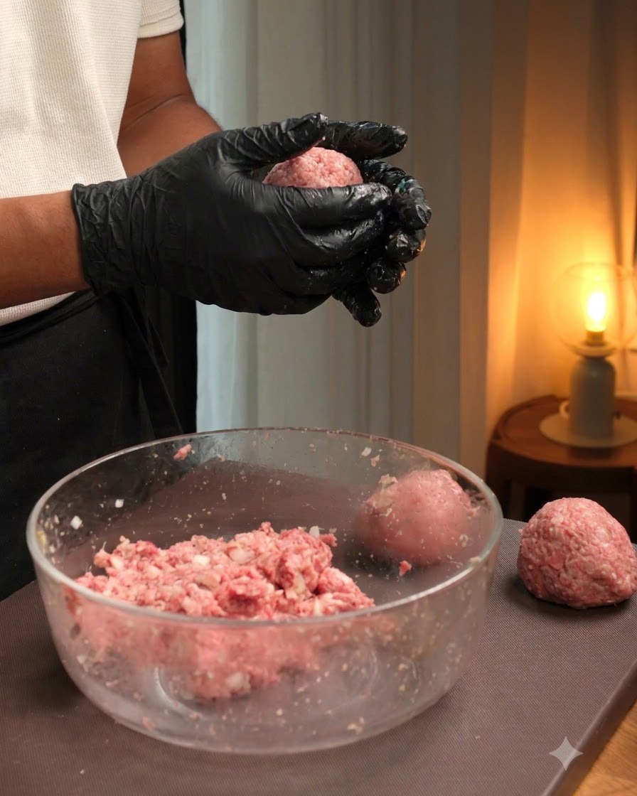 Une boule de viande façonnée et tassée fermement en un steak haché rond à laide dun moule.