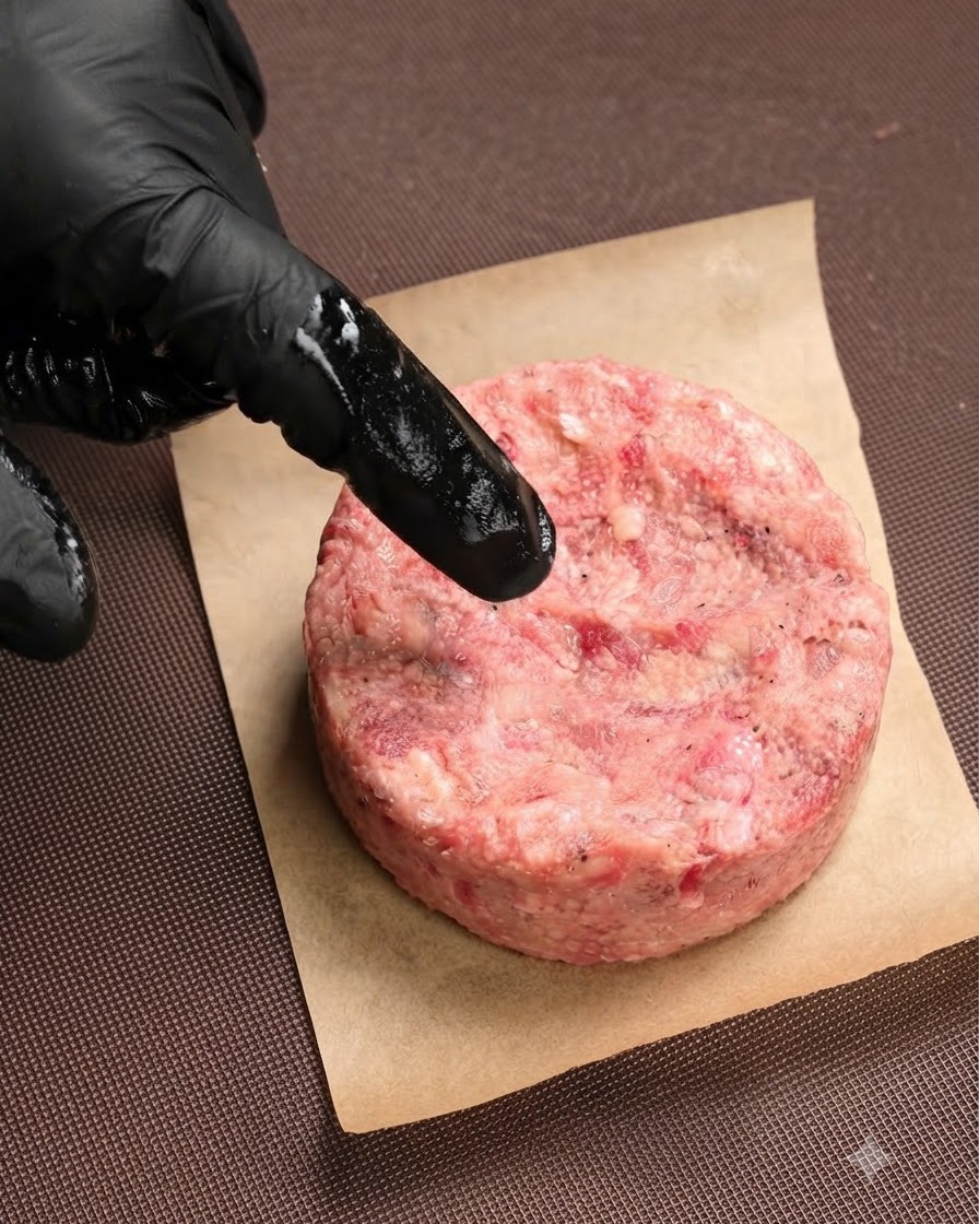Un doigt ganté pressant une petite empreinte au centre dun steak haché cru posé sur du papier sulfurisé.