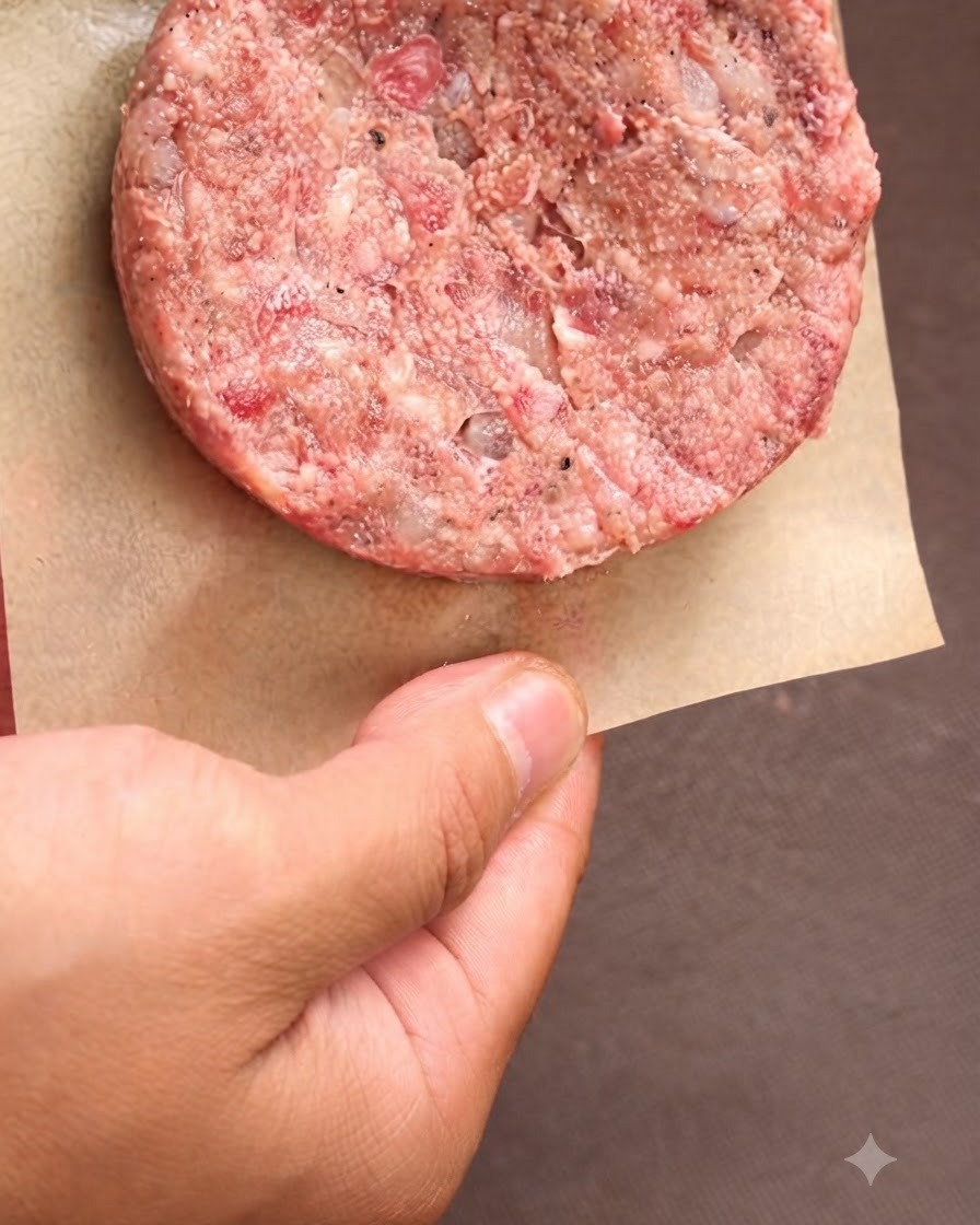 Plusieurs steaks hachés crus façonnés et séparés par du papier sulfurisé à lintérieur dun bac de rangement.