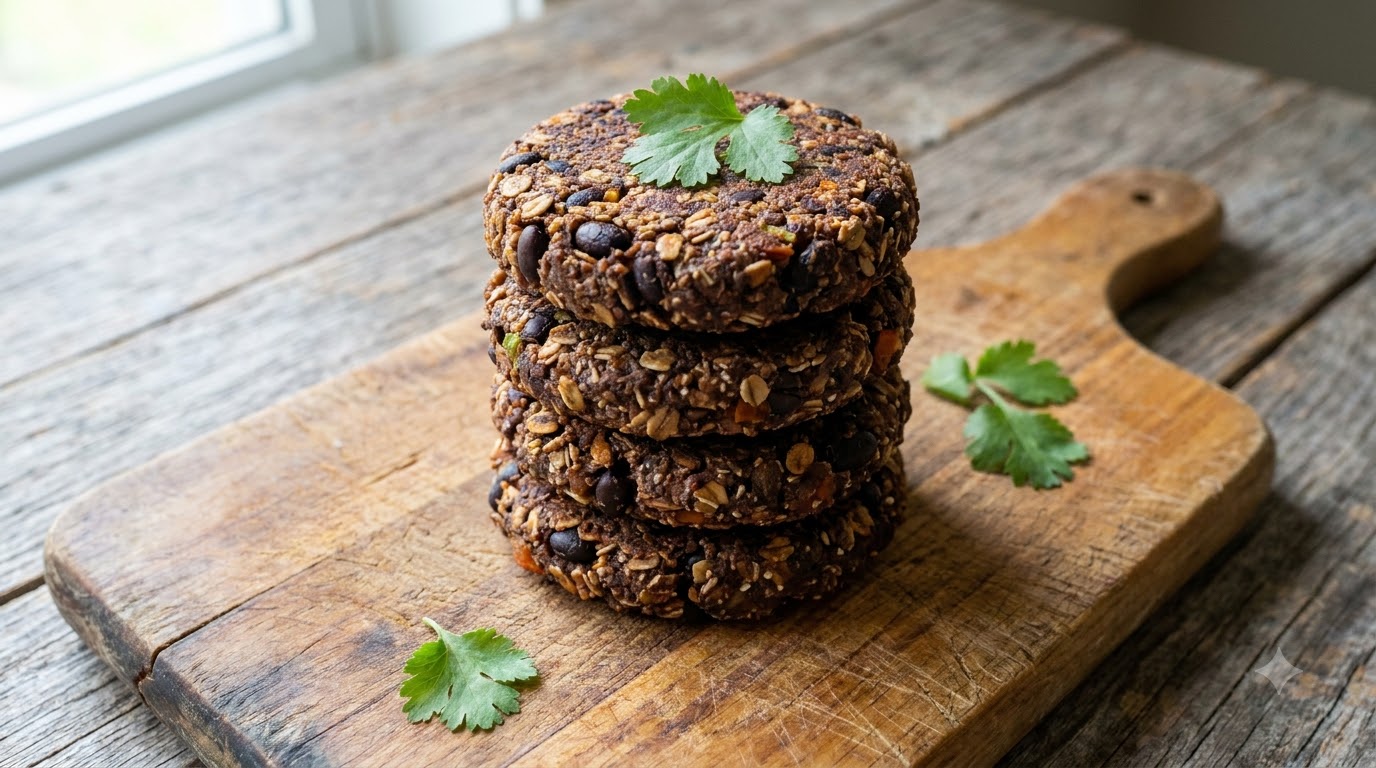 Une haute pile de steaks de burger faits maison aux haricots noirs et à lavoine sur une plancha en bois