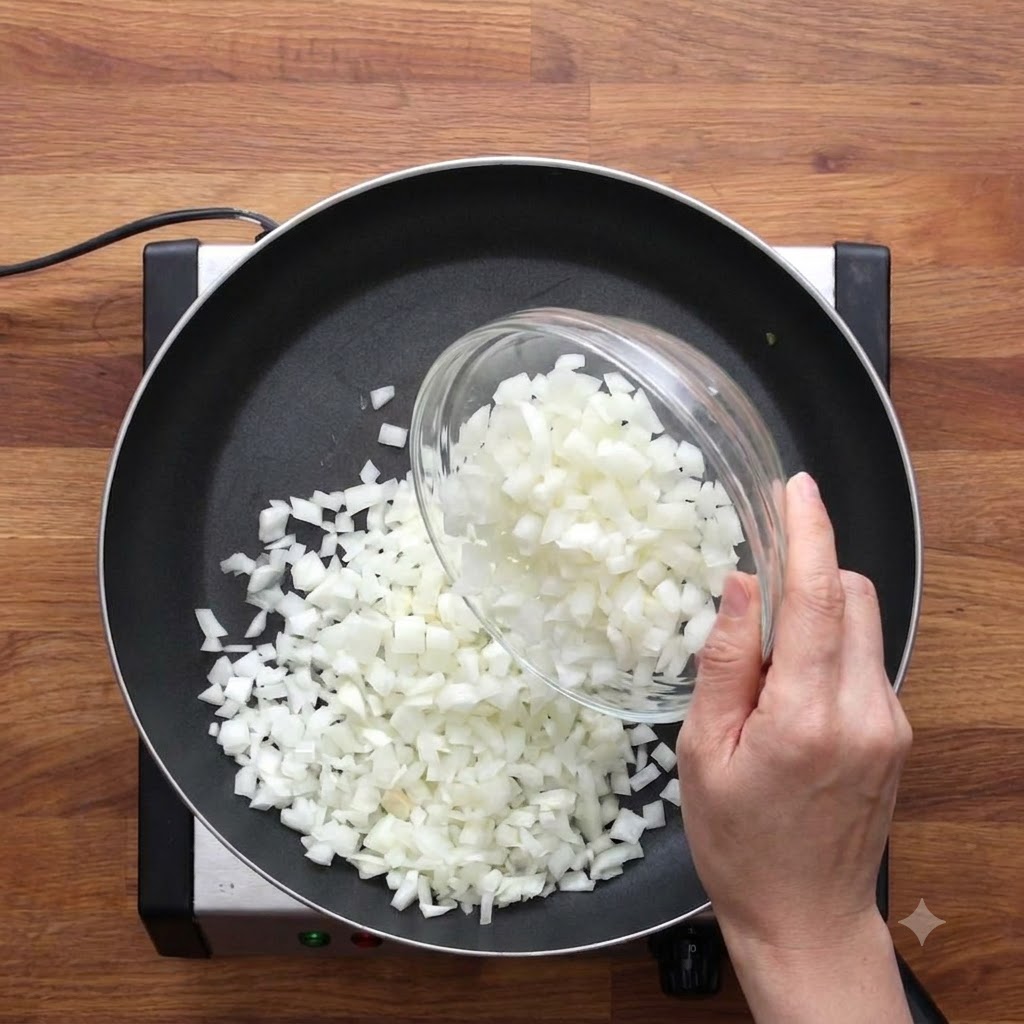 Du sel saupoudré sur des oignons hachés dans une poêle.