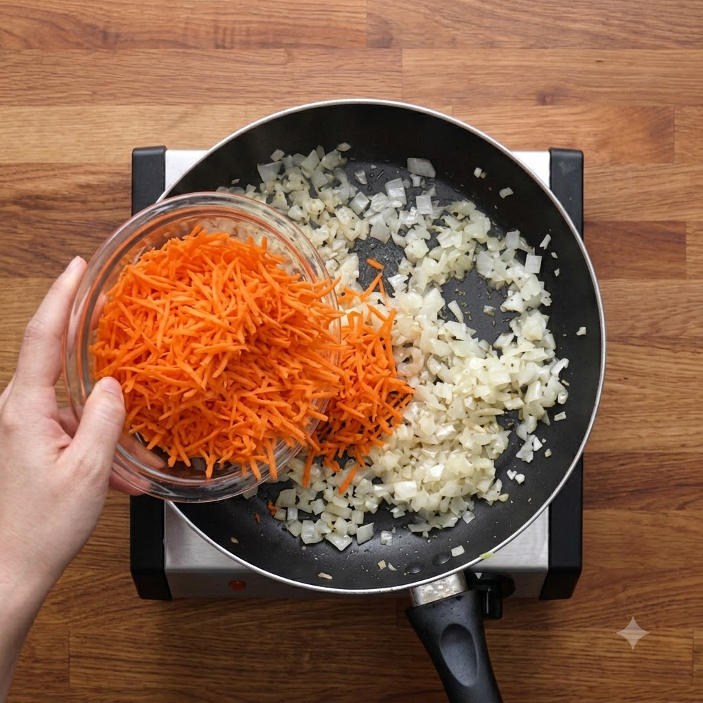 Carottes râpées versées dun bol en verre dans une poêle avec des oignons cuits en dés.