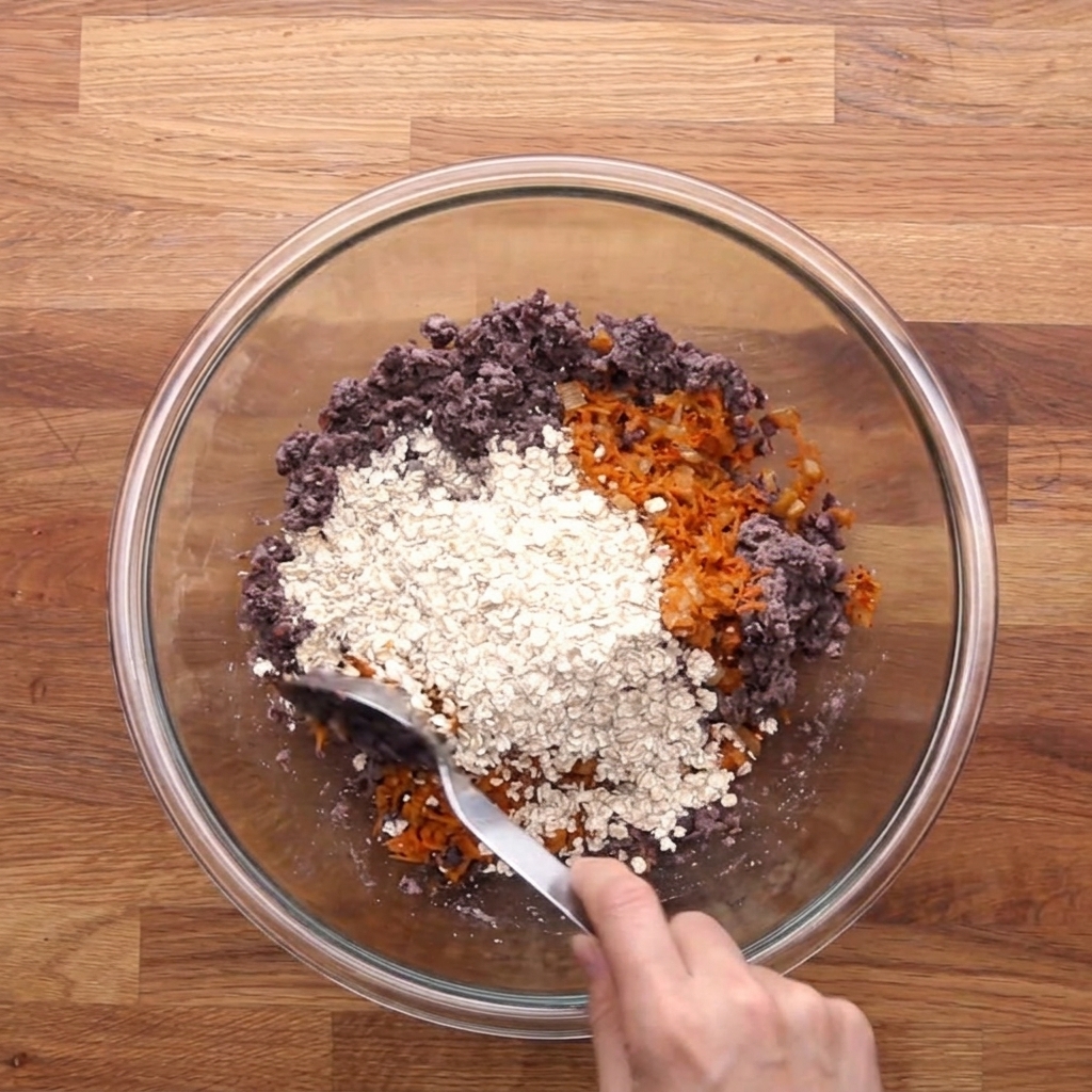 Flocons davoine versés à la cuillère dans un bol en verre avec des haricots noirs et des légumes.