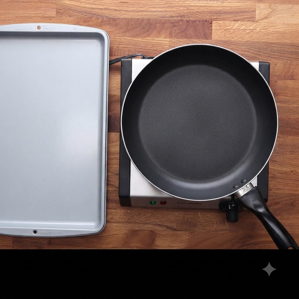 Une poêle chaude et une plaque de cuisson côte à côte sur le plan de travail.