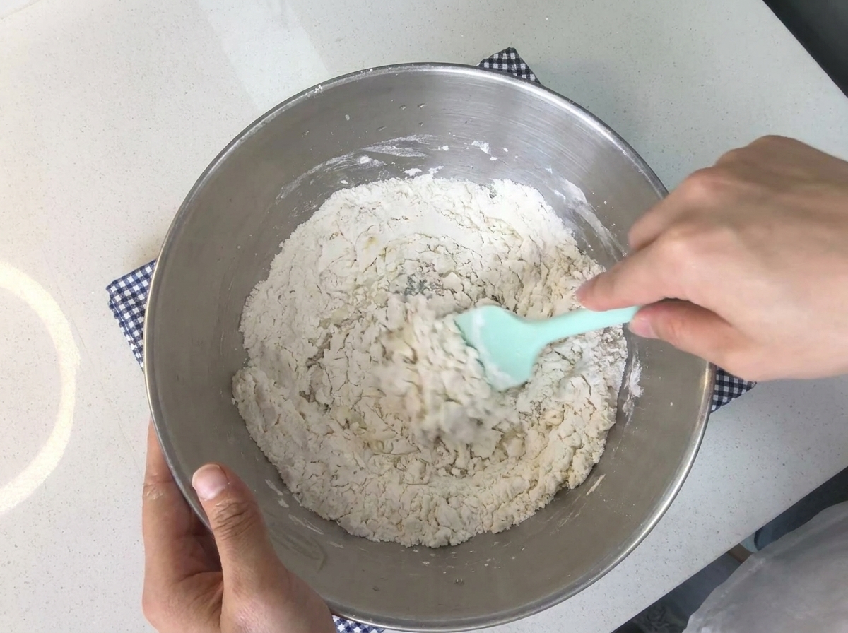 Des mains pétrissant et mélangeant vigoureusement les ingrédients de la pâte dans un bol en acier inoxydable.