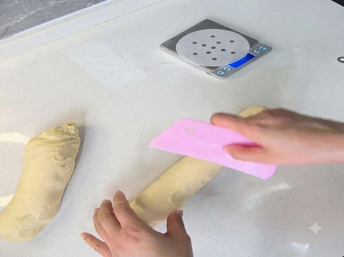 Un racloir rose coupant un long rouleau de pâte en portions égales sur un plan de travail propre.