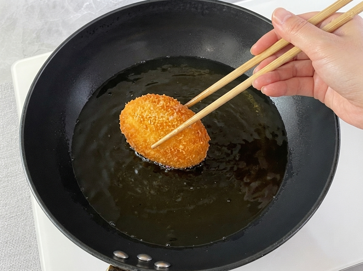 Une boule de pâte ramassée avec des baguettes après avoir été enrobée de chapelure et frite dans de lhuile chaude.