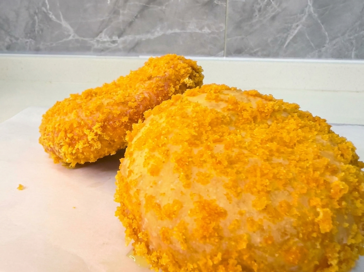 Des boules de pâte panées au repos et aplaties délicatement sur un plateau.