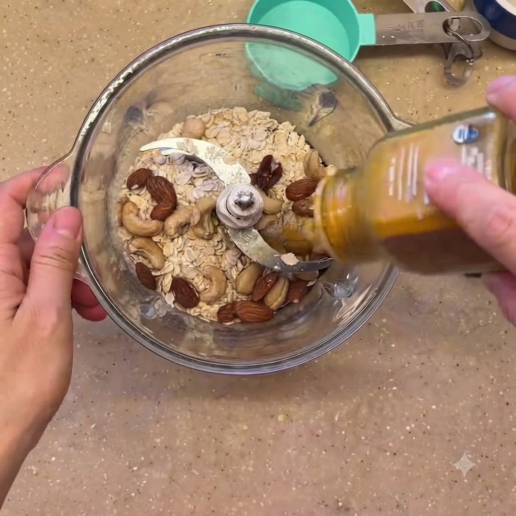 De la poudre de curcuma secouée dun contenant dans le mixeur.