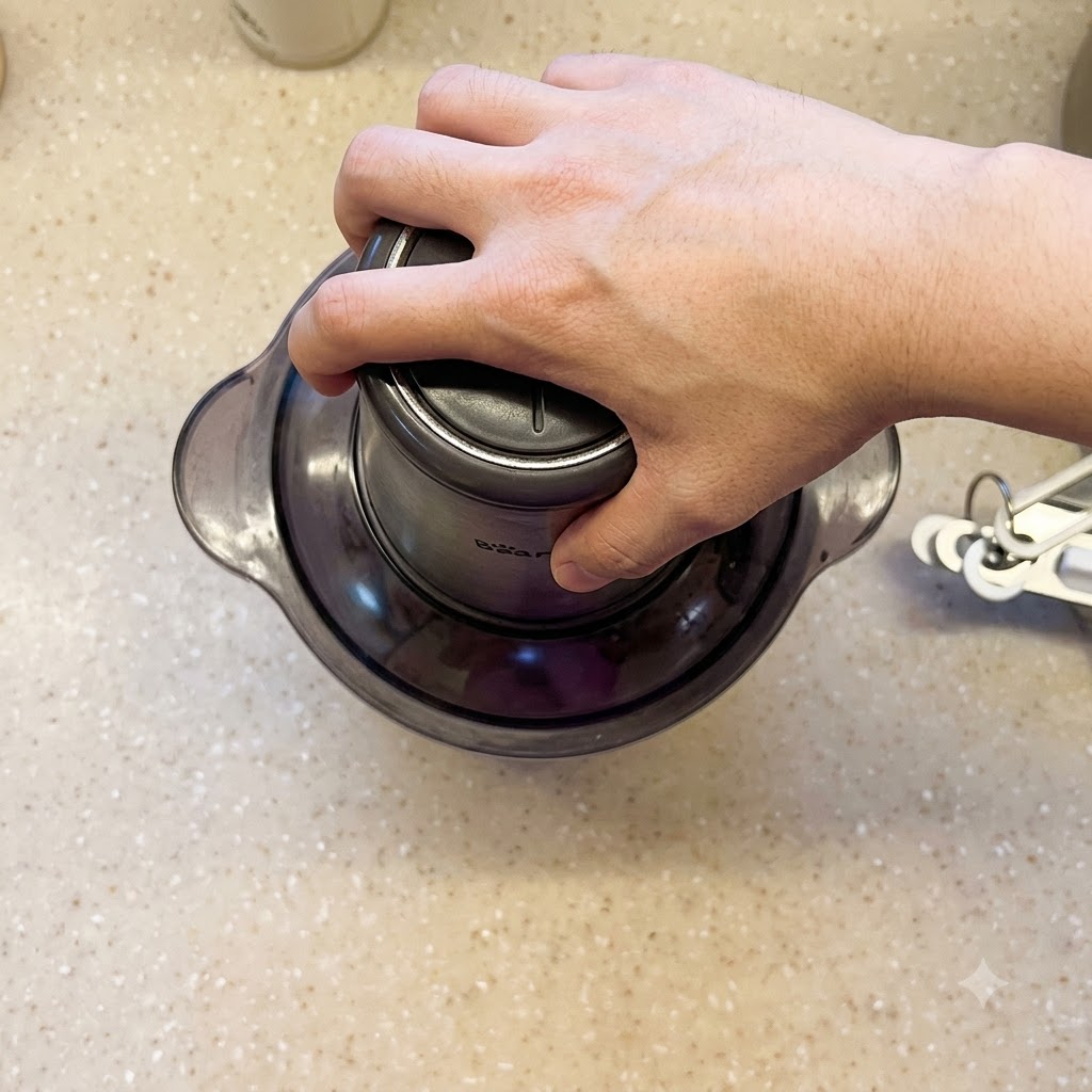 Une main appuyant sur le couvercle dun mixeur pour le faire fonctionner lors du deuxième cycle de mélange.
