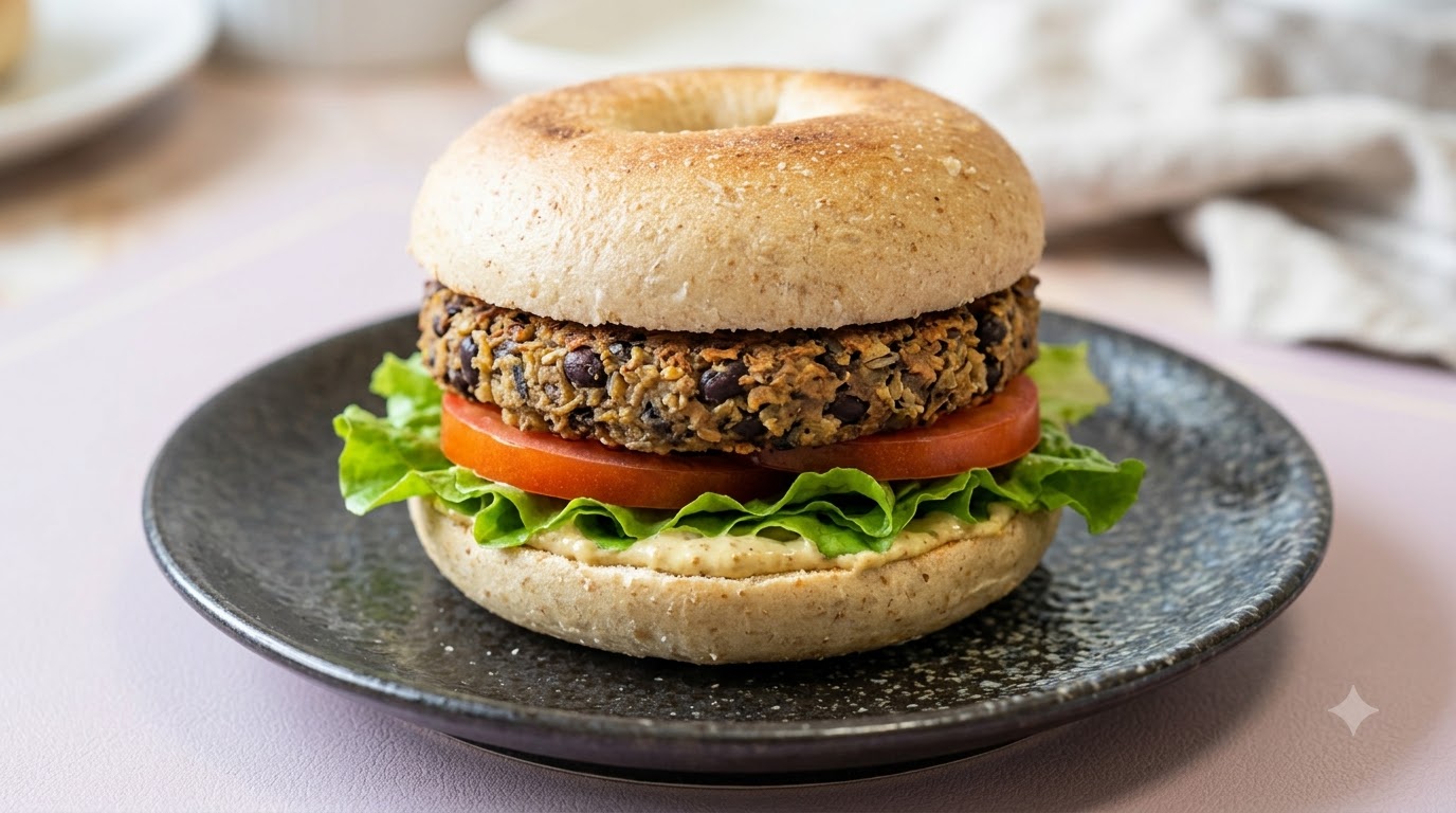 Un burger végétarien aux haricots noirs entièrement assemblé sur une assiette sombre, avec un pain bagel complet, un steak de haricots noirs cuit, une tranche de tomate et de la laitue fraîche.