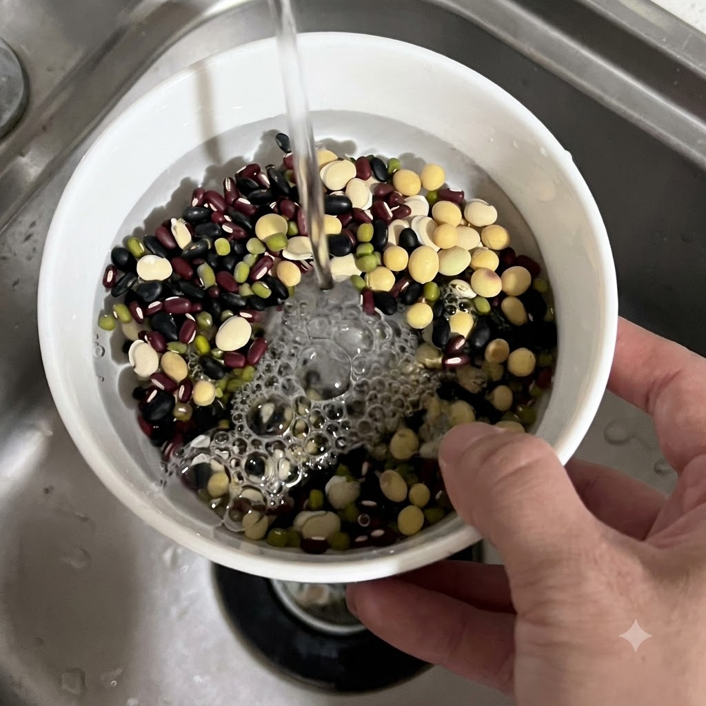 De leau coulant dun robinet dans un bol blanc rempli dun mélange de haricots multicolores.