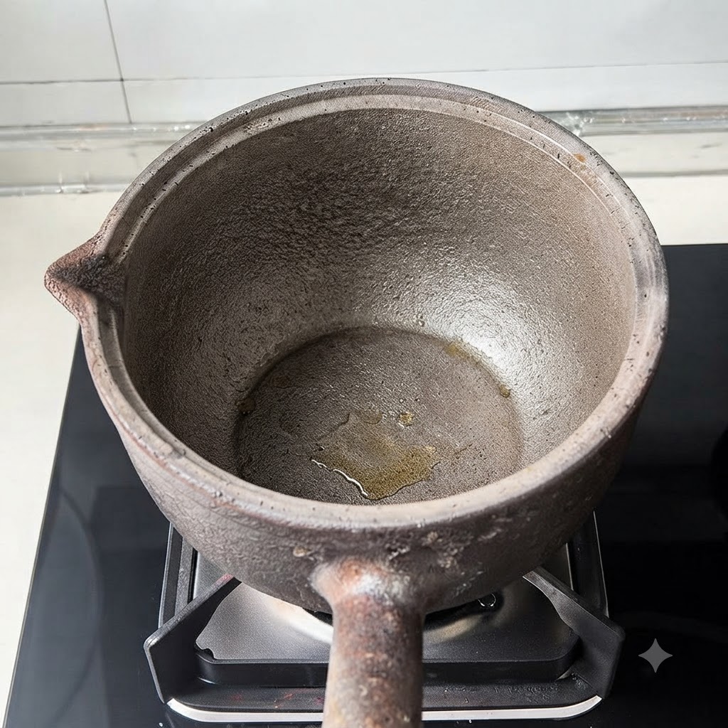 Une casserole en terre cuite traditionnelle vide reposant sur un brûleur de cuisinière avec une petite quantité de liquide au fond.