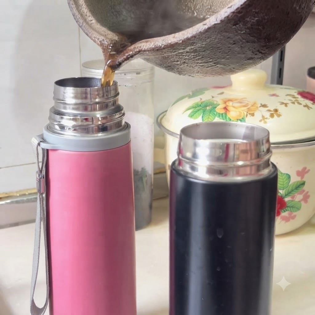 La soupe de plantes noire foncée est versée de la casserole dans des flasks thermos roses et noirs sur le comptoir de la cuisine.