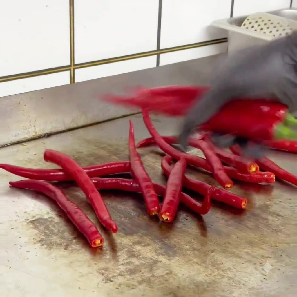 Piments rouges et verts frais disposés sur une table de préparation en acier inoxydable.