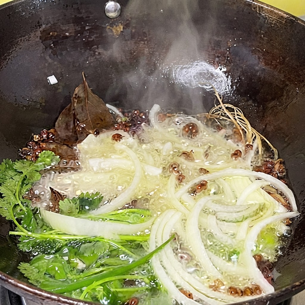Oignons émincés et épices entières grésillant et libérant de la vapeur dans de lhuile chaude à lintérieur dun wok profond.