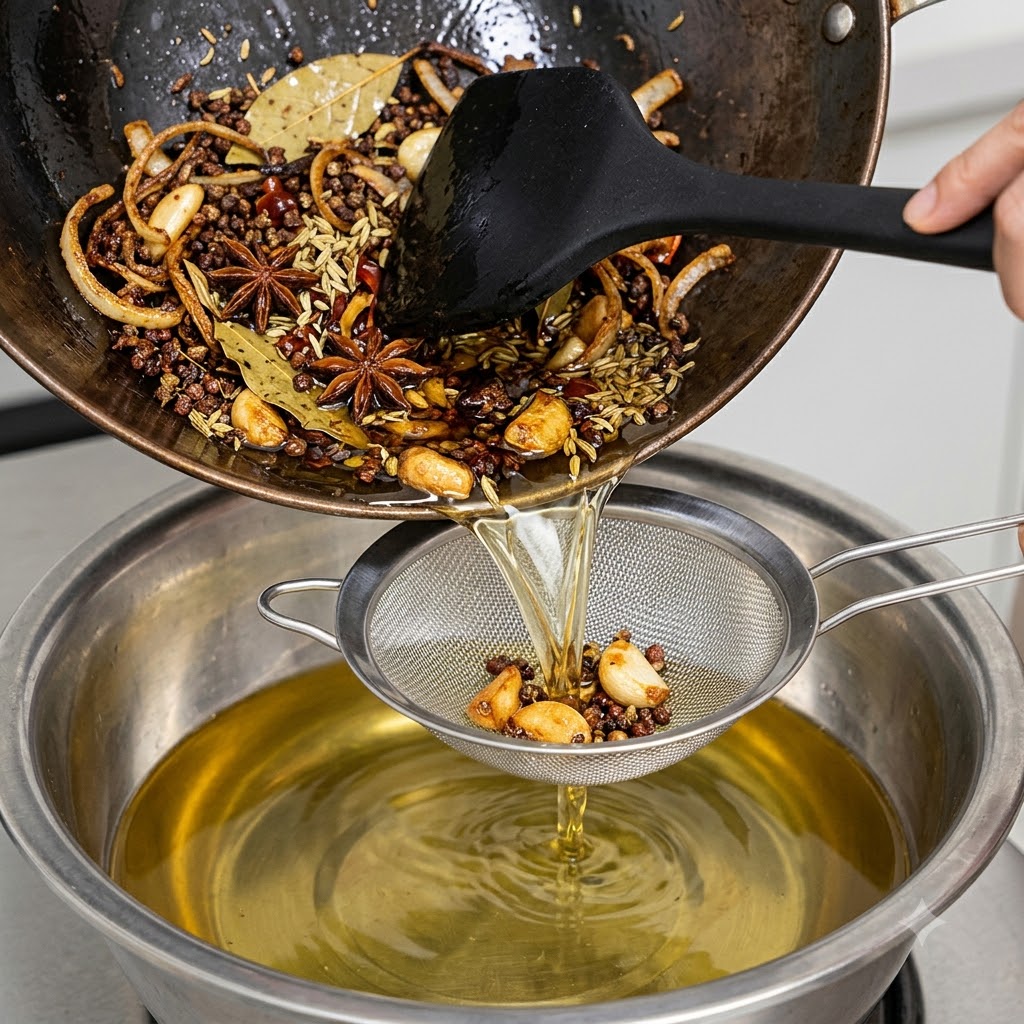 Huile épicée versée dun wok à travers une passoire en treillis métallique dans un grand bol en métal.