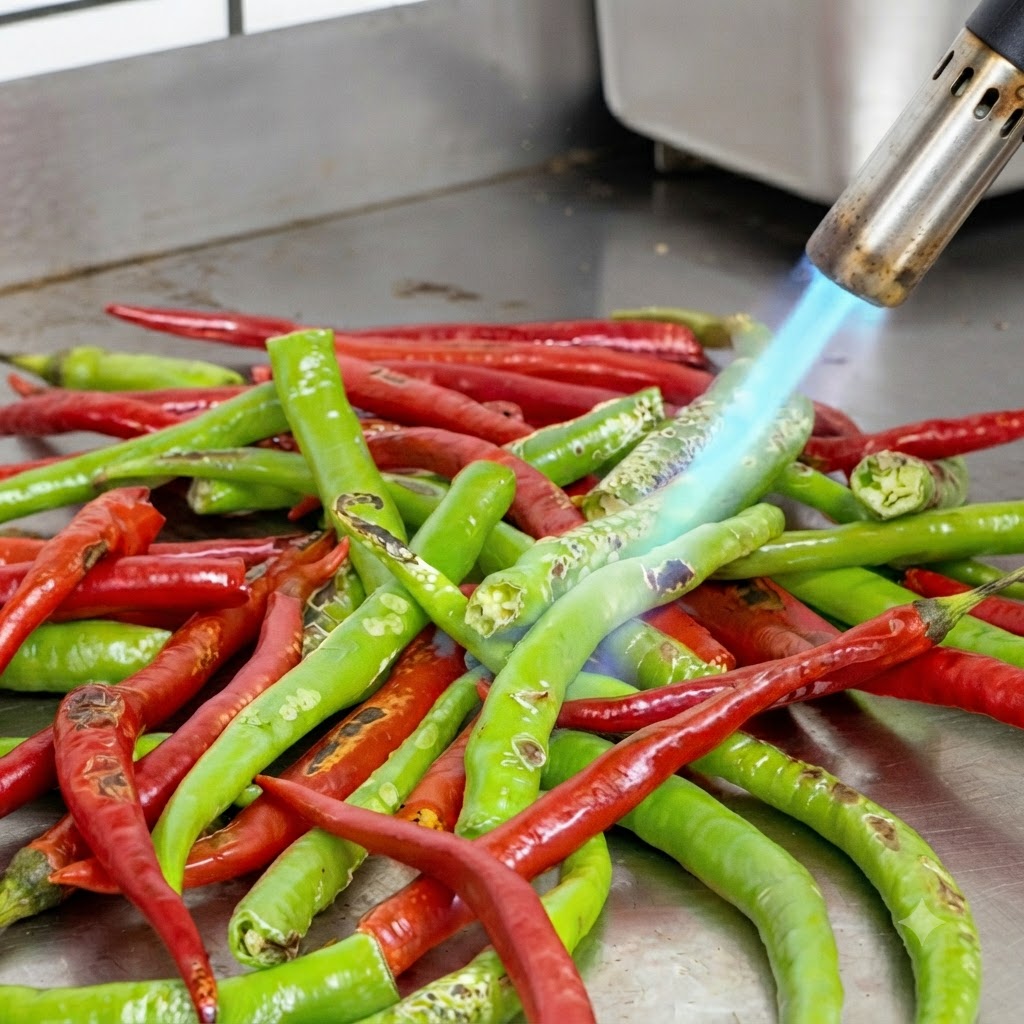 Une flamme bleue provenant dun chalumeau faisant cloquer la surface de piments rouges et verts sur une table métallique.