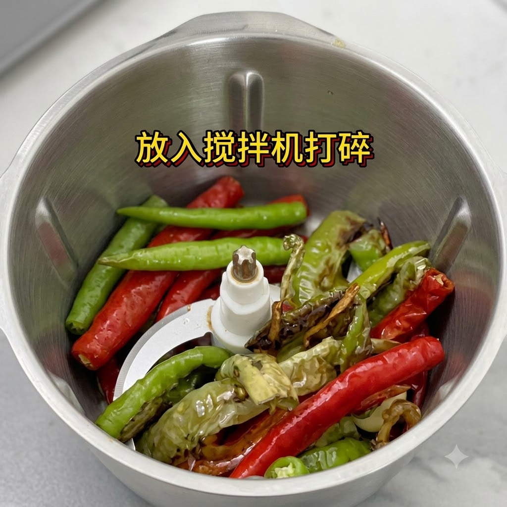 Piments rouges et verts cuits placés à lintérieur dun bol de mixeur en acier inoxydable.