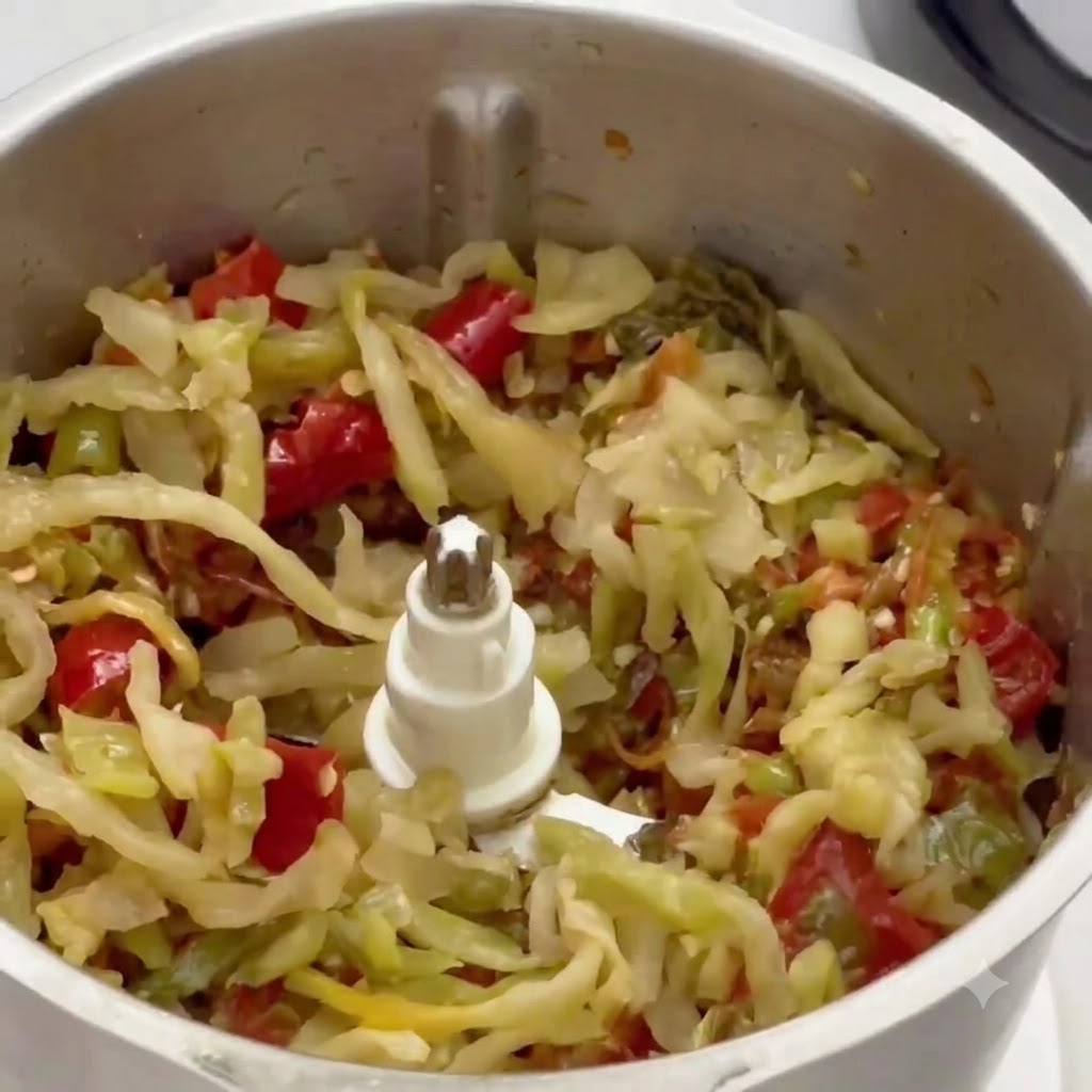 Piments et feuilles de moutarde marinées hachées se combinant sous les lames du mixeur.