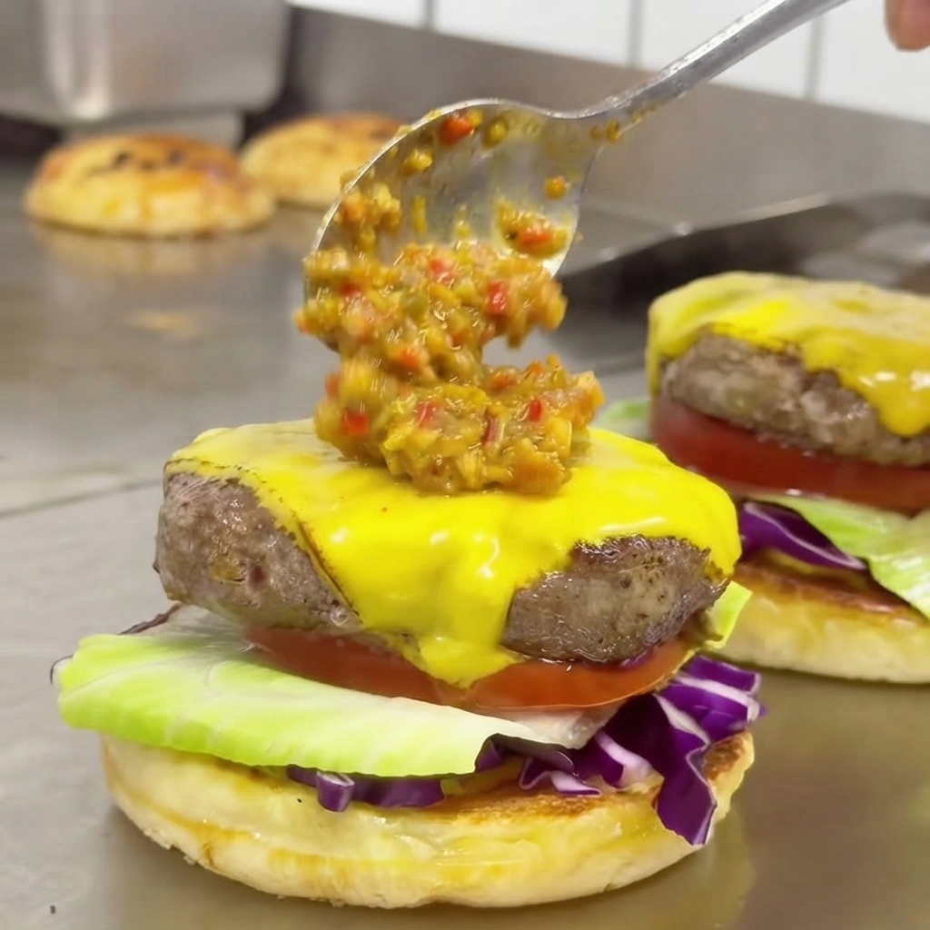 Une cuillerée de double sauce piquante verte et rouge texturée versée sur une tranche de fromage jaune fondu au sommet dun steak de bœuf cuit.