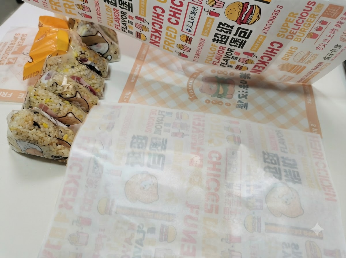 Un emballage à burger posé à plat avec le côté à motifs vers le bas et les moitiés de pain chauffées disposées par-dessus.