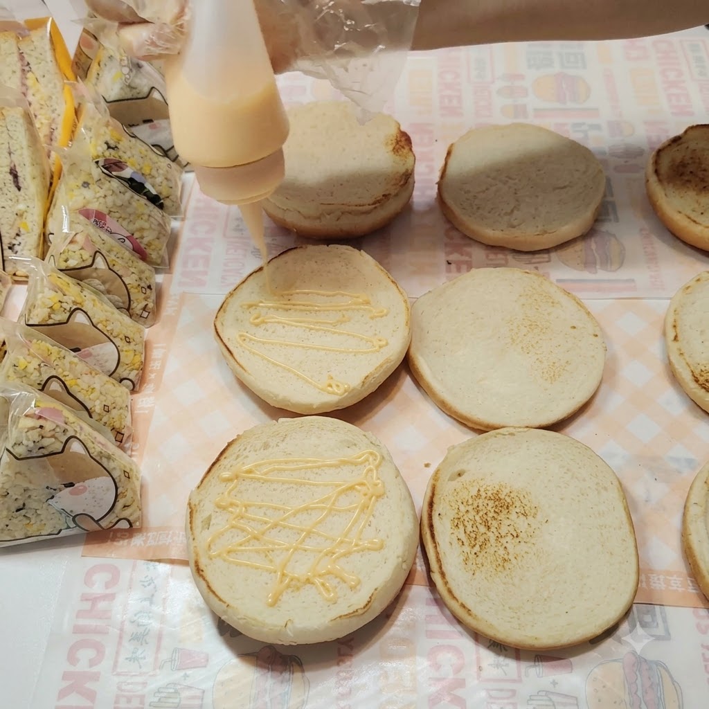 La sauce secrète versée en zigzag sur la surface des pains à burger.